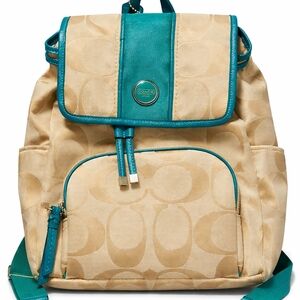 🎒 Coach Signature Drawstring Backpack F21928 – Khaki & Teal